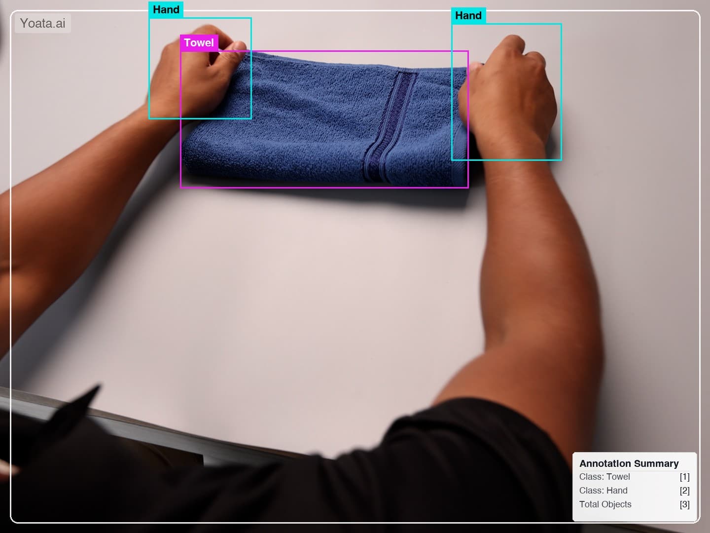 Annotated towel-folding demonstration — bounding boxes over hands and towel